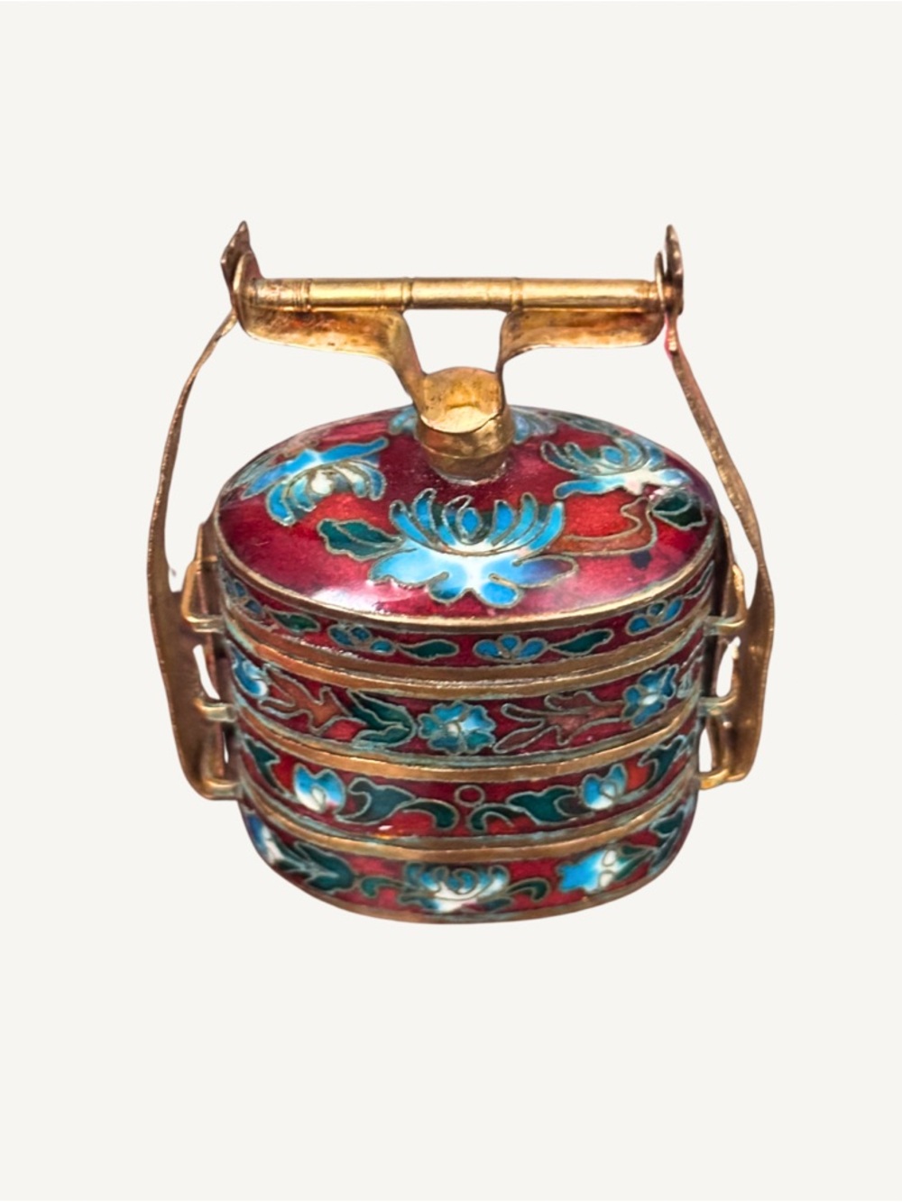 Antique Chinese Cloisonné Blue Teal Red Stacking Trinket Jewelry Pill Box